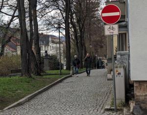Nebenfahrbahn am Fürstengraben in Jena mit Beschilderung Einbahnstraße Rad frei